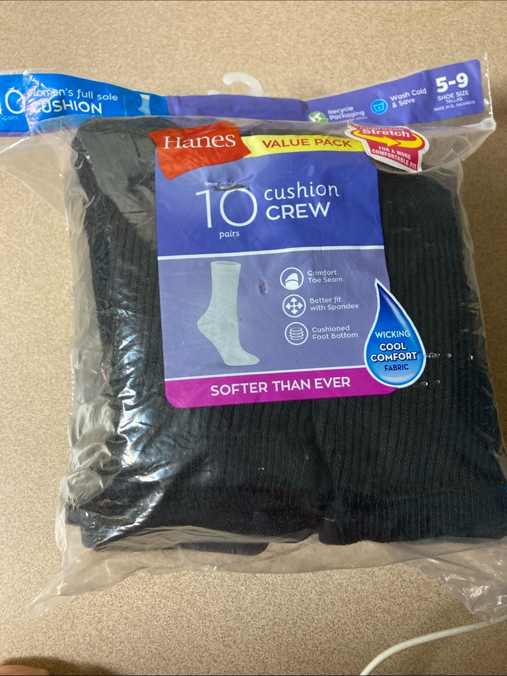 Hanes Black Cushion Crew Socks Value Pack - 10 Pairs